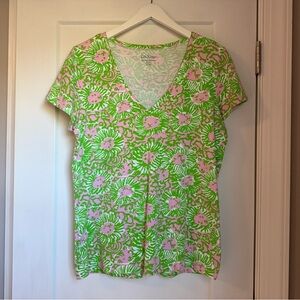 Lilly Pulitzer V-Neck Green and Pink Floral Tee